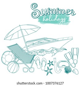 Set of beach summer holidays accessories, cartoon illustration. Vector