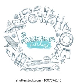Set of beach summer holidays accessories, sketch cartoon illustration. Vector