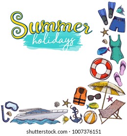 Set of beach summer holidays accessories, sketch cartoon illustration. Vector