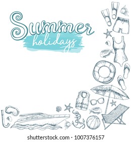 Set of beach summer holidays accessories, sketch cartoon illustration. Vector