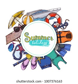 Set of beach summer holidays accessories, sketch cartoon illustration. Vector