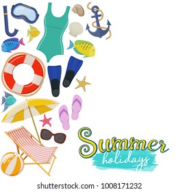 Set of beach summer holidays accessories, cartoon illustration. Vector
