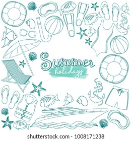 Set of beach summer holidays accessories, cartoon illustration. Vector