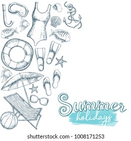 Set of beach summer holidays accessories, sketch cartoon illustration. Vector