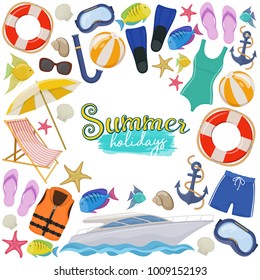 Set of beach summer holidays accessories, cartoon illustration. Vector
