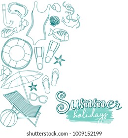 Set of beach summer holidays accessories, cartoon illustration. Vector