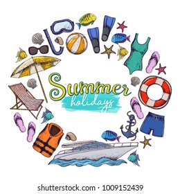 Set of beach summer holidays accessories, sketch cartoon illustration. Vector