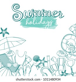 Set of beach summer holidays accessories, cartoon illustration. Vector