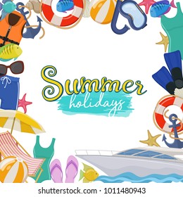 Set of beach summer holidays accessories, cartoon illustration. Vector