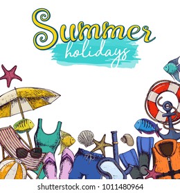 Set of beach summer holidays accessories, sketch cartoon illustration. Vector