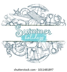 Set of beach summer holidays accessories, sketch cartoon illustration. Vector