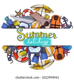 Set of beach summer holidays accessories, sketch cartoon illustration. Vector