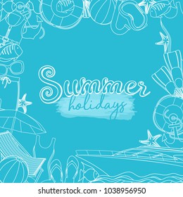 Set of beach summer holidays accessories, cartoon illustration. Vector