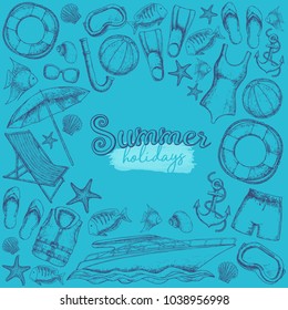 Set of beach summer holidays accessories, sketch cartoon illustration. Vector