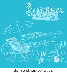 Set of beach summer holidays accessories, cartoon illustration. Vector