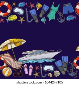 Set of beach summer holidays accessories, cartoon illustration. Vector