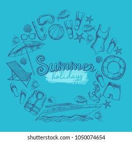 Set of beach summer holidays accessories, sketch cartoon illustration. Vector