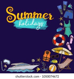 Set of beach summer holidays accessories, cartoon illustration. Vector