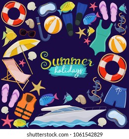 Set of beach summer holidays accessories, cartoon illustration. Vector