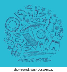 Set of beach summer holidays accessories, sketch cartoon illustration. Vector