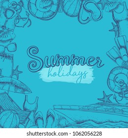 Set of beach summer holidays accessories, sketch cartoon illustration. Vector