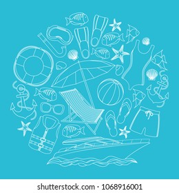 Set of beach summer holidays accessories, cartoon illustration. Vector