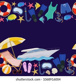 Set of beach summer holidays accessories, cartoon illustration. Vector