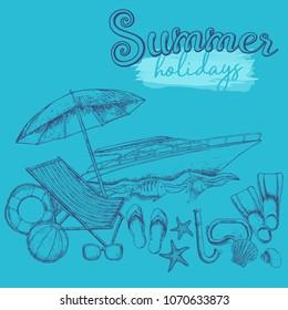 Set of beach summer holidays accessories, sketch cartoon illustration. Vector