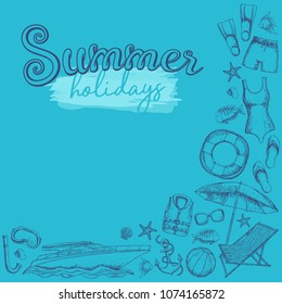 Set of beach summer holidays accessories, sketch cartoon illustration. Vector