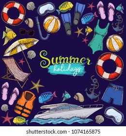 Set of beach summer holidays accessories, sketch cartoon illustration. Vector