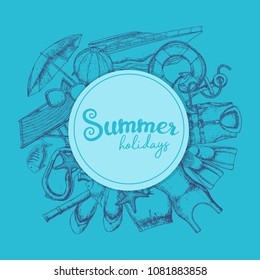 Set of beach summer holidays accessories, sketch cartoon illustration. Vector