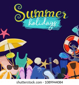 Set of beach summer holidays accessories, cartoon illustration. Vector