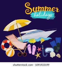 Set of beach summer holidays accessories, cartoon illustration. Vector