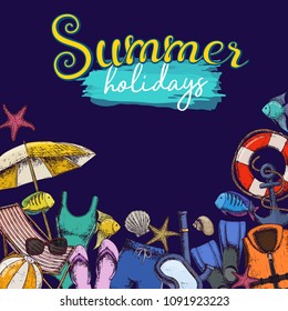 Set of beach summer holidays accessories, sketch cartoon illustration. Vector