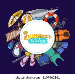 Set of beach summer holidays accessories, cartoon illustration. Vector