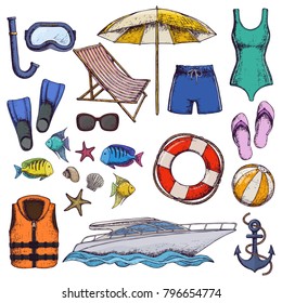Set of beach summer holidays accessories, cartoon illustration. Vector