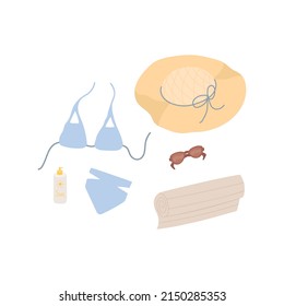 Set of beach summer objects in blue and beige pastel colors - bikini, hat, glasses, sunscreen, rolled up towel. Vector drawings isolated on background.