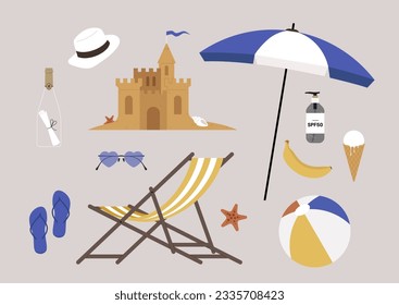 A set of beach summer objects, a sand castle, a striped deck chair, a pair of flip flops, a bottle of SPF filter cream, a banana, a scoop of melting ice cream, a hat, an umbrella, an inflatable ball