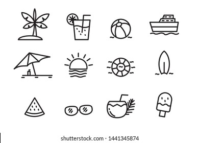 Set of beach and summer related vector illustration with simple line design such as palm tree, drink, sunset, boat, etc. Suitable for icon or doodle 