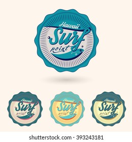 Set Of Beach Summer Surfing vintage poster with waves retro logo aged emblem with Surfboard, T-shirt print template, label, flyer design.  