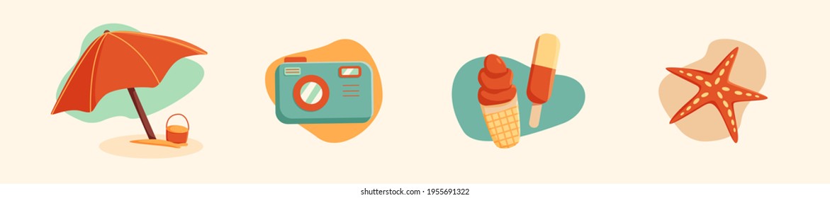 Set of Beach, Summer symbols. A trip to rest and the sea. Weekly graphics. Isolated icons on white background.
