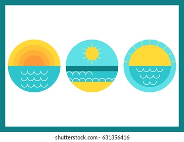 Set of beach, sun and sky vector logo design template with thin line elements