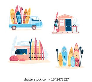 Un conjunto de playas y escenas de surf. Escuela de pizarra y estación de alquiler. Hay diferentes tipos de tablas en la playa. Actividades al aire libre deportivas de verano. Ilustración vectorial.