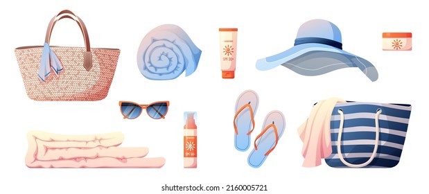 Un conjunto de cosas de playa.Sombrero de playa, bolso de playa, gafas de sol, protector solar, toalla, zapatillas.