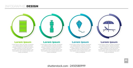 Set Beach towel, Bottle of water, Kite and Sunbed and umbrella. Business infographic template. Vector