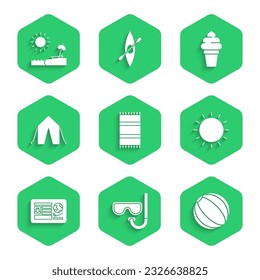 Set Beach towel, Diving mask and snorkel, ball, Sun, Passport with visa stamp, Tourist tent, Ice cream waffle cone and umbrella chair icon. Vector
