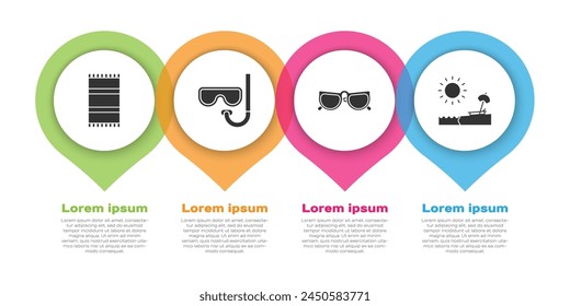 Set Toalla de playa, máscara de buceo y snorkel, gafas y playa con sombrilla y silla. Plantilla de infografía de negocios. Vector