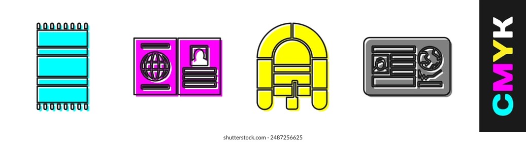 Set Beach towel, Passport, Rafting boat and Passport with visa stamp icon. Vector