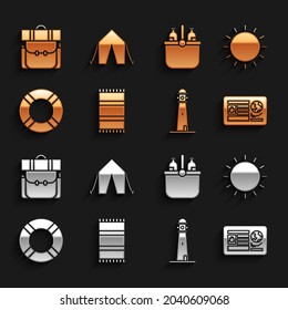 Set Beach towel, Sun, Passport with visa stamp, Lighthouse, Lifebuoy, Cooler bag and water, Hiking backpack and Tourist tent icon. Vector