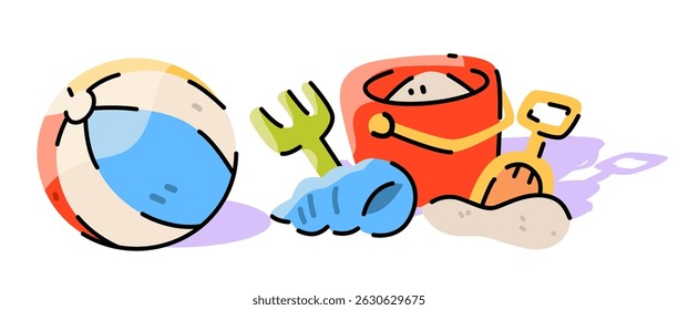Set of beach toys icons on white background. Hand drawing beach ball, bucket, shovel, sea shell vector illustration  
